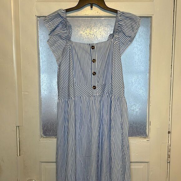 Women’s Blue and White Striped Midi Sundress Ruffled Shoulder Size 2XL - Picture 1 of 7